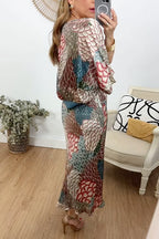 3/4 Sleeves Button Up Top and High Waist Maxi Skirt Printed Set