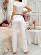 Heart-print Bow V-neck Short-sleeved Trousers Set That Can Be Worn As Loungewear