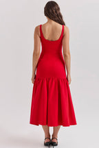 Sleeveless Scoop Neck Princess Seam Dropped Waist Gathered Flounce Midi Dress