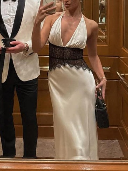 Deep V-neck Silk Satin Maxi Dress With Halter Neck And Cinched Waist