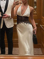 Deep V-neck Silk Satin Maxi Dress With Halter Neck And Cinched Waist
