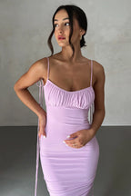 Tie Shoulder Deep Open Back Ruched Bodycon Maxi Dress