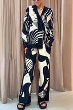 Graphic Printed Long Sleeve Blouse Shirt Wide Leg Pants 2 Pieces Set