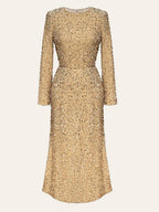 Round Neck Long Sleeve Allover Sequin Column Midi Dress