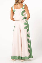 Printed Square Collar Crop Tank Top Drawstring Waist Wide Leg Pants Set