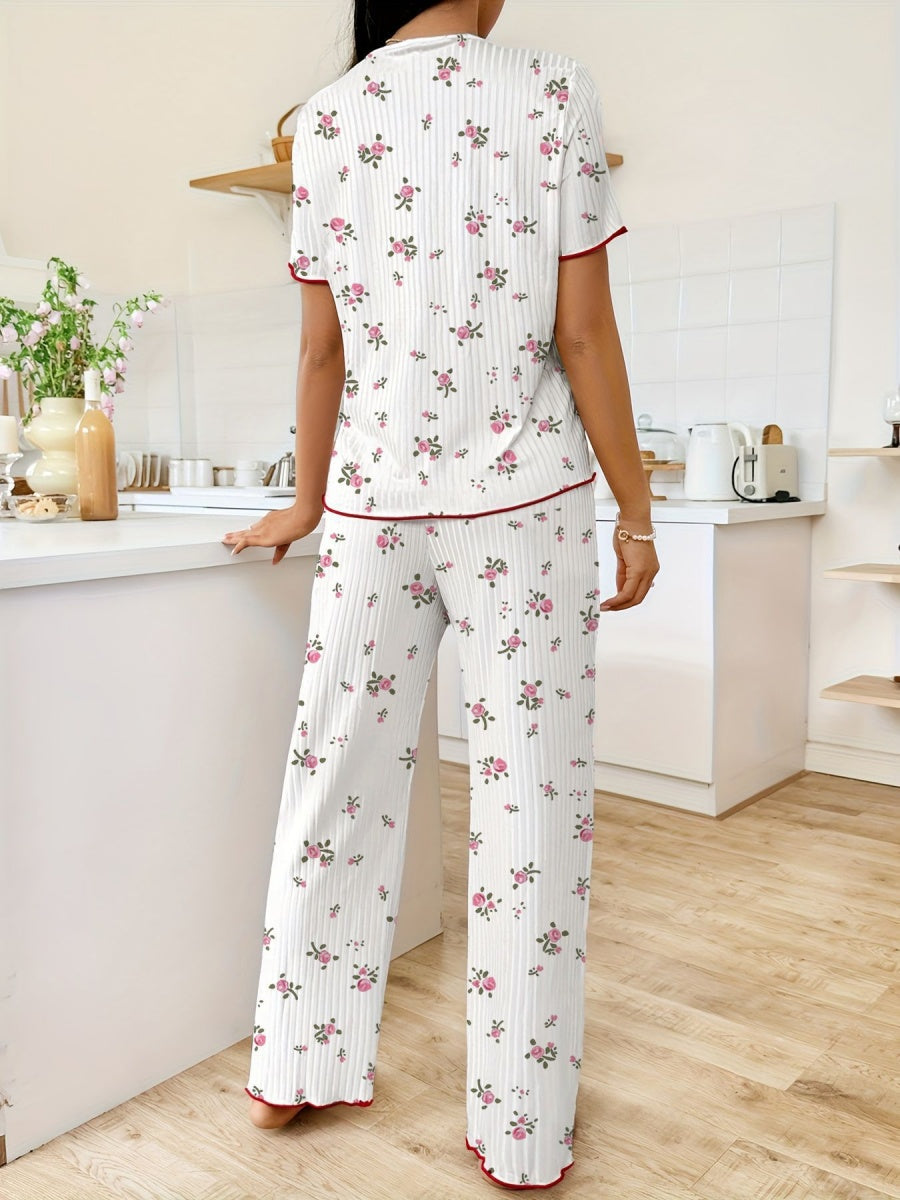 Heart-print V-neck Short-sleeved Trousers Loungewear Set