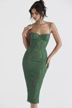 Floral Lace Underwire Corset Spaghetti Strap Paneled Seam Midi Dress