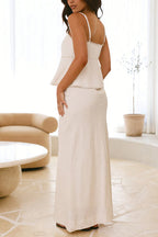 Button Up Ruffle Cami Top and High Waist Maxi Skirt Set