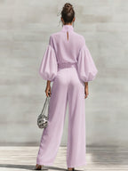 Chiffon Stand-up Collar Puff Sleeve High-waisted Draped Wide-leg Pants Two-piece Set