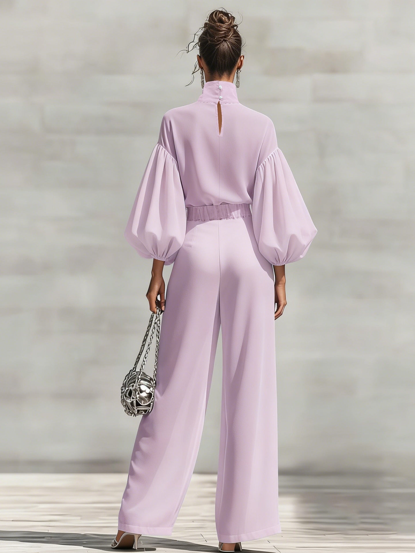 Chiffon Stand-up Collar Puff Sleeve High-waisted Draped Wide-leg Pants Two-piece Set