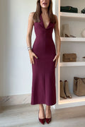 Halter V Neck Backless Buttons Bodycon Midi Dress