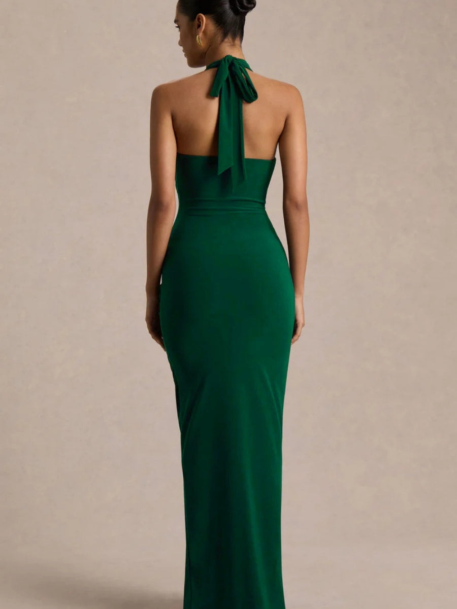 V-neck Halter Temperament Pleated Hip-hugging Big Backless Midi Dresses