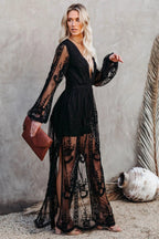 Lace Floral Embroidery Deep V-Neck Bishop Sleeve High Split Sheer Maxi Dress