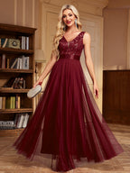 V-neck Embroidery Sequins Elegant Gauze Formal Dress Maxi Dresses