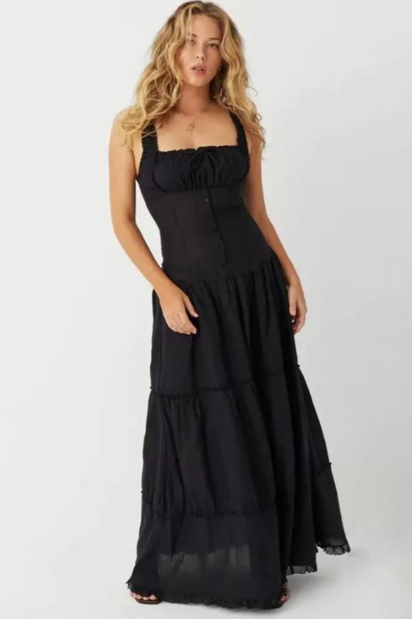 Smocked Square Neck Ruffle Strap Tiered Button Front Maxi Dress
