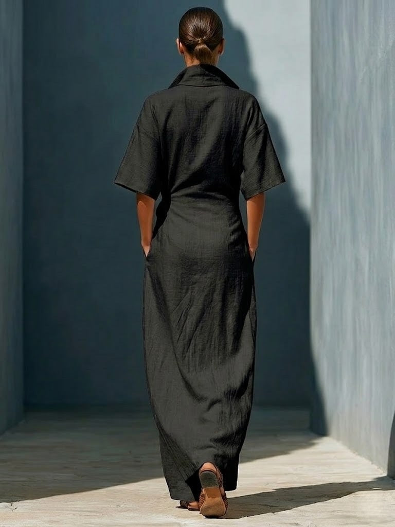 Casual V-neck Short-sleeved Tie-waist Solid Color Maxi Dresses