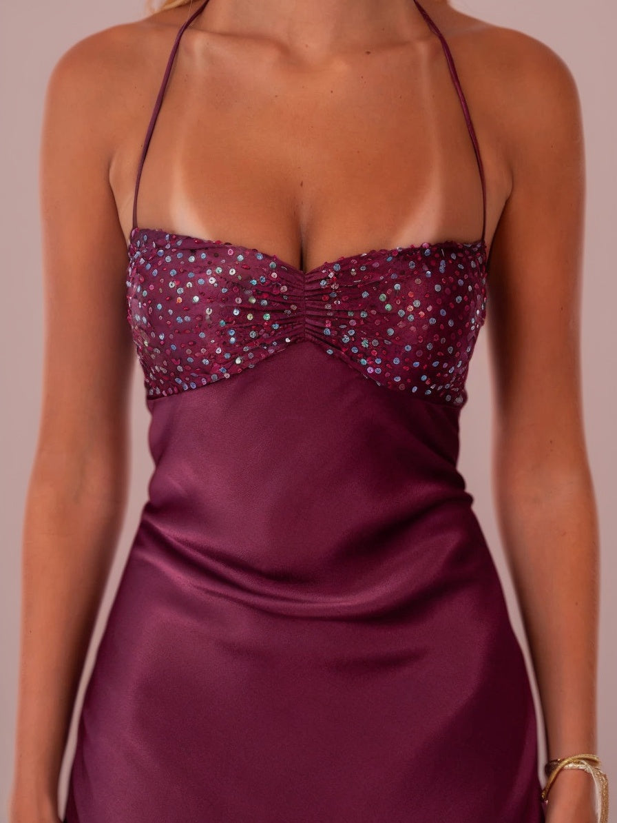 Strapless Sequined Satin Backless Tie-waist Bodycon Maxi Dress