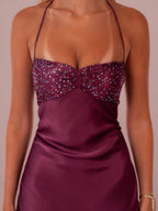 Strapless Sequined Satin Backless Tie-waist Bodycon Maxi Dress
