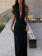Deep V-neck Backless Gathering Slit Parties Maxi Dresses