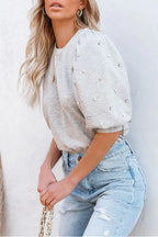 Crewneck Rhinestone Bubble Half Sleeves Pullover Top