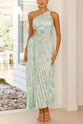 One Shoulder Drawstring Cut Out Pleated Floral Maxi Dress