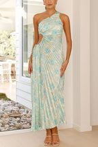 One Shoulder Drawstring Cut Out Pleated Floral Maxi Dress