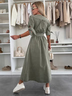 V-neck Short-sleeved Loose-fitting Denim Button-down Long Dress