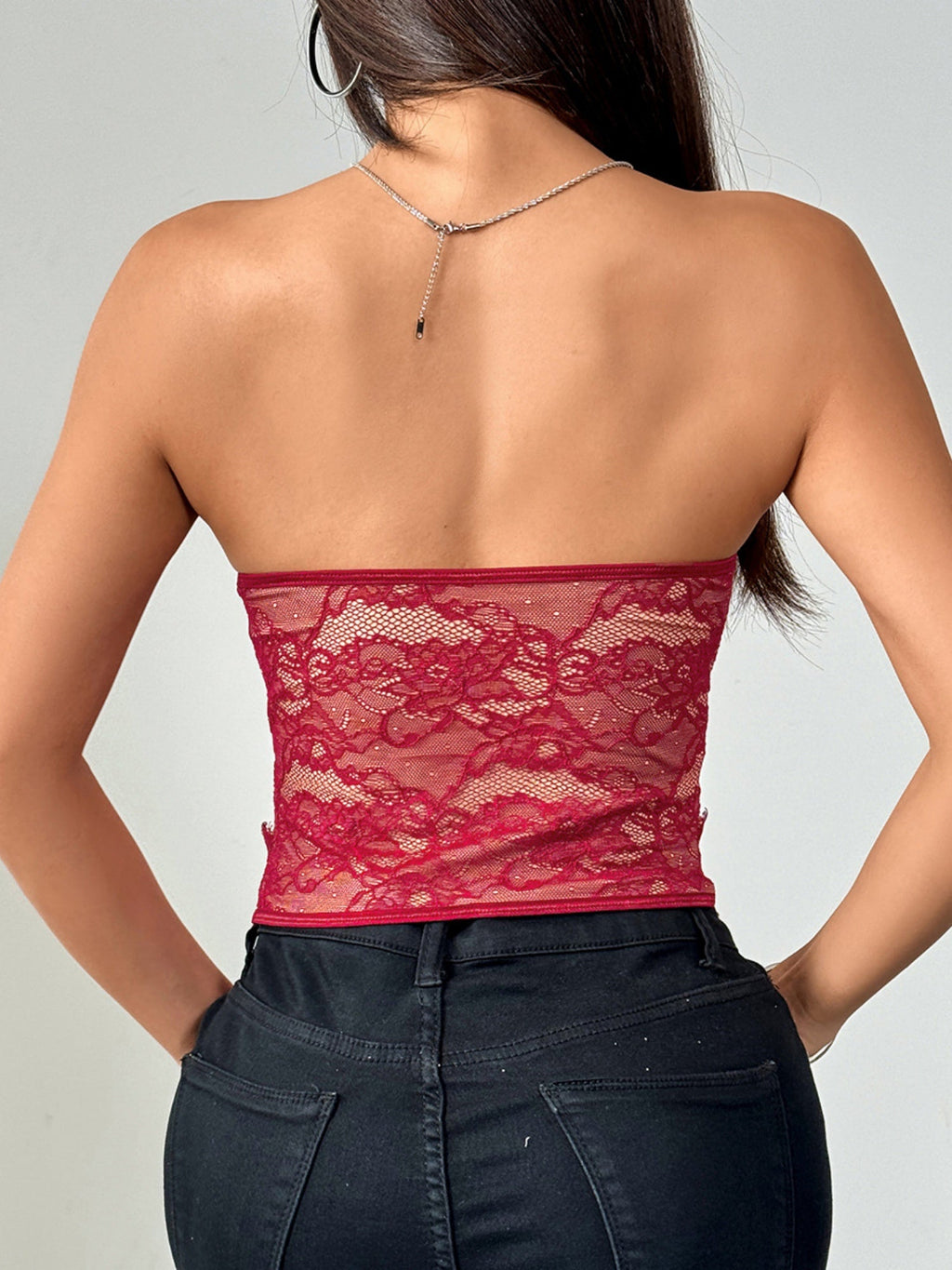 Lace Trim Splicing Buttons Strapless Bra