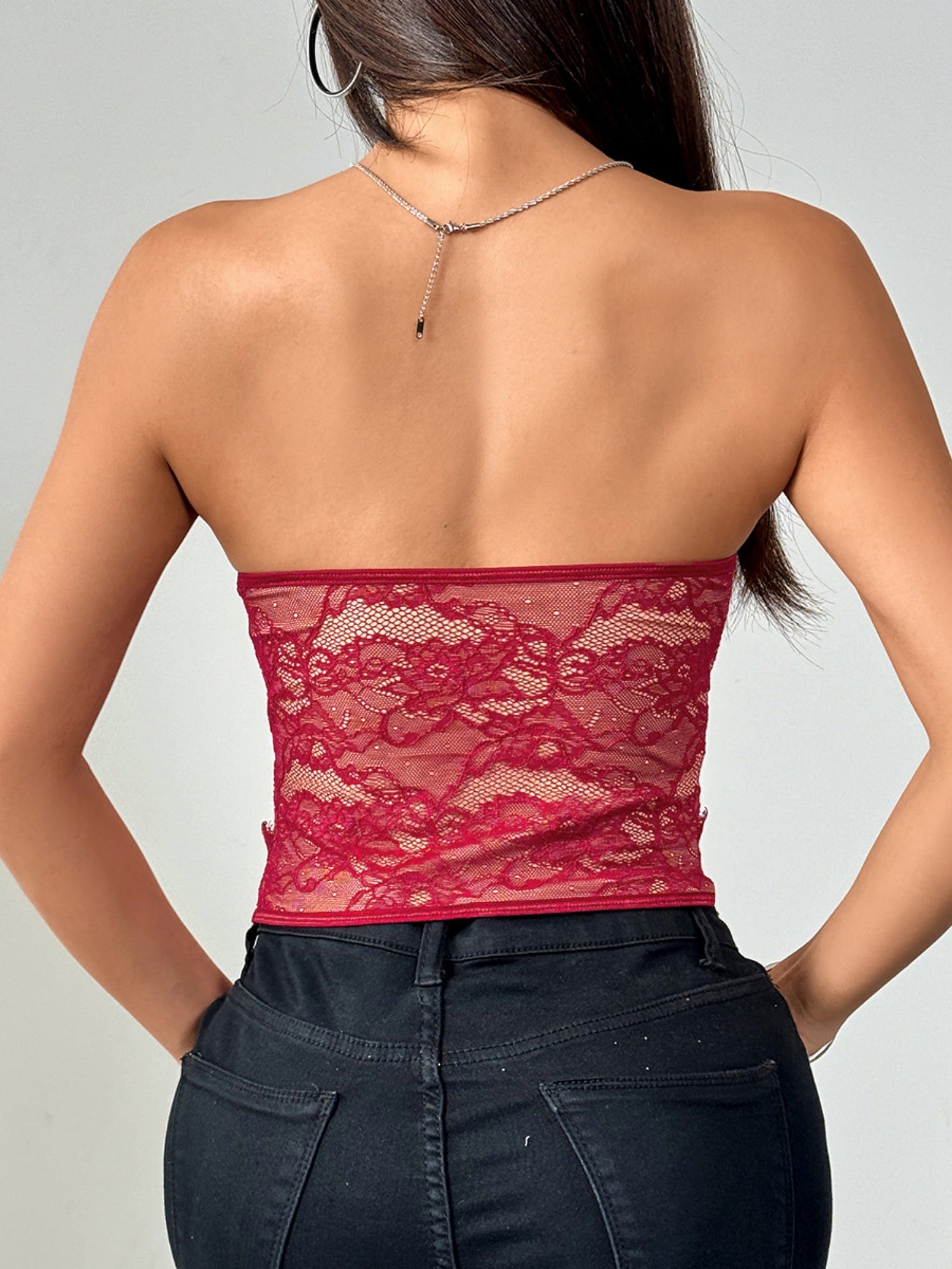 Lace Trim Splicing Buttons Strapless Bra