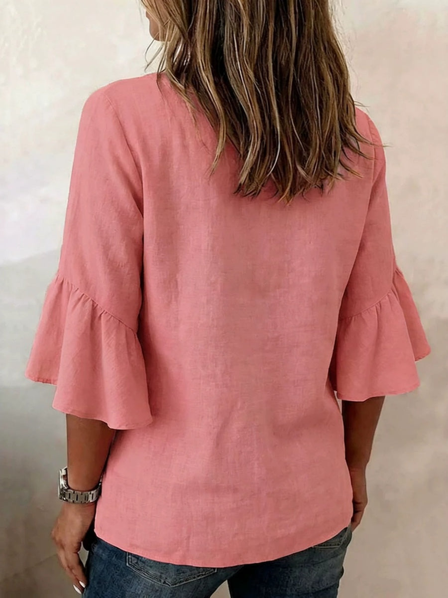 V-neck Solid Color Button Casual Ruffle Sleeve T-shirt