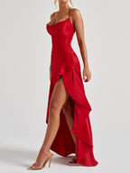 Spaghetti Strap Backless Ruffled Irregular Long Dress