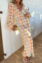 Adriana Premium V Neck Lantern Sleeves Geometric Print Maxi Dress Designer Edit
