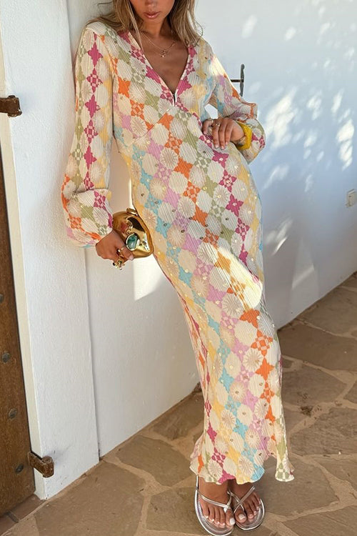 Adriana Premium V Neck Lantern Sleeves Geometric Print Maxi Dress Designer Edit