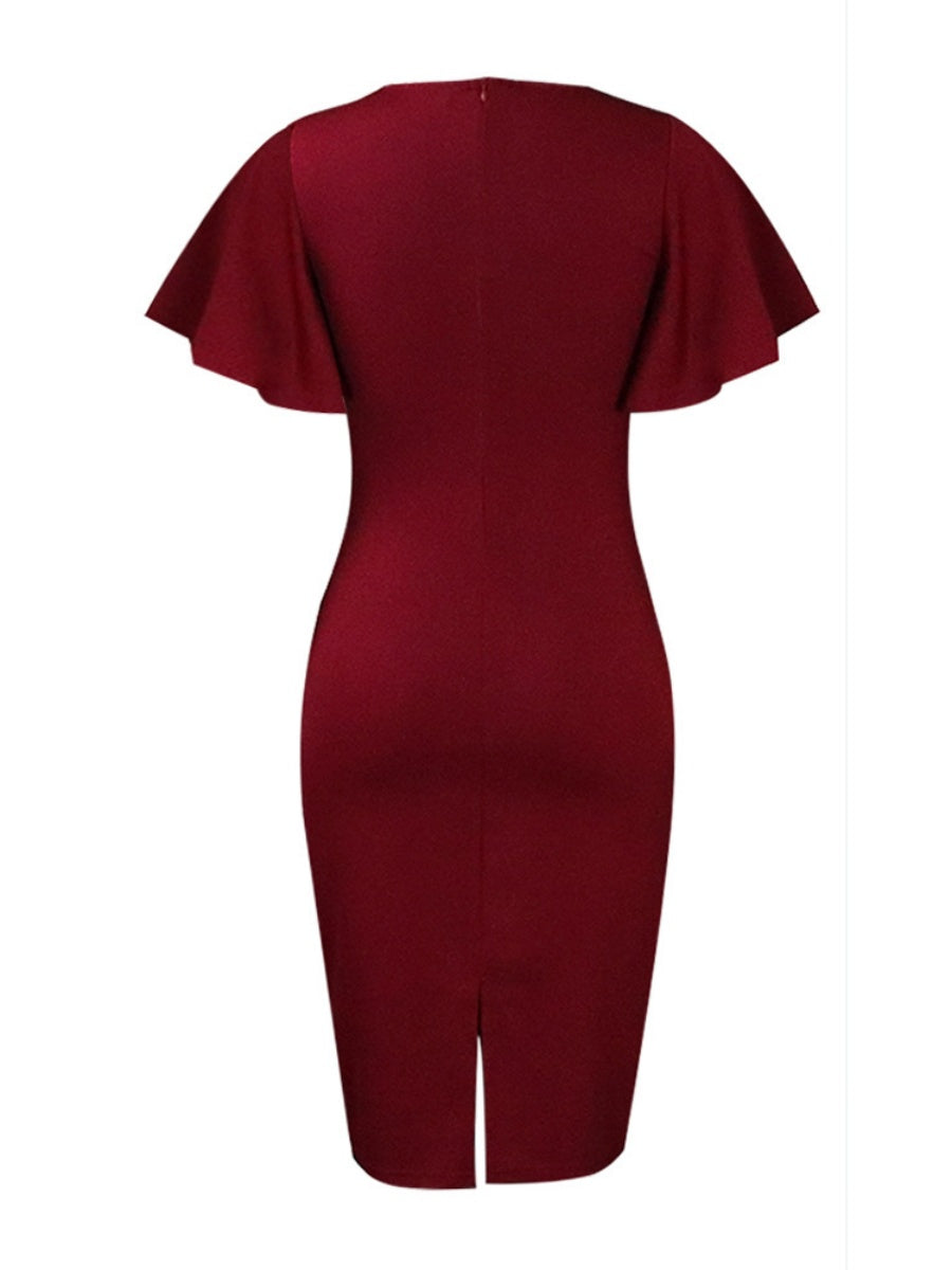 Commuting Lotus Leaf Sleeves Buttons Solid Color Mini&Short Dresses