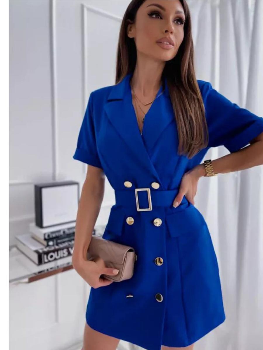 Double-breasted Lapel Belts&Chain Short Sleeve Waist Short Suit Dress