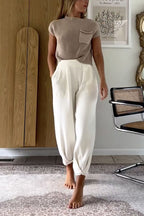 Mockneck Short Sleeves Top Pocketed Harem Pants Knitting Set