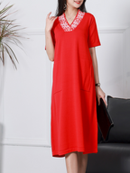 Short-sleeved V-neck Linen Knitted Midi-Dress