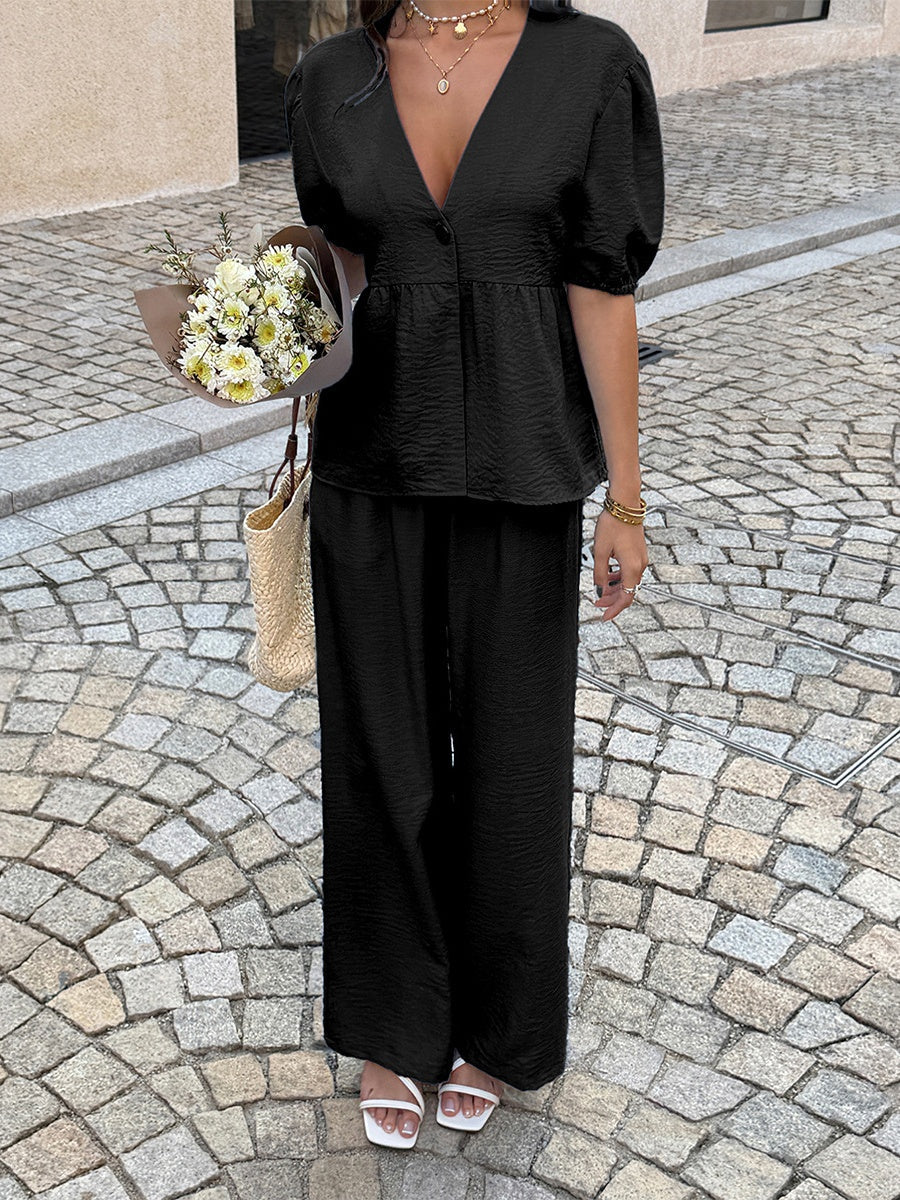 Resort Style Solid Color V-Neck Short-Sleeve Top And Pants Two-Piece Set