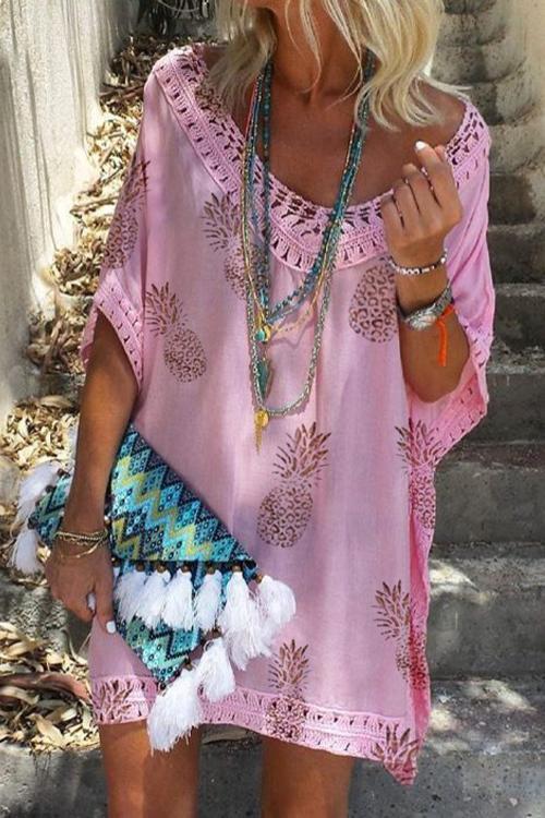 V Neck Hollow Out Pineapple Printed Batwing Beach Dress