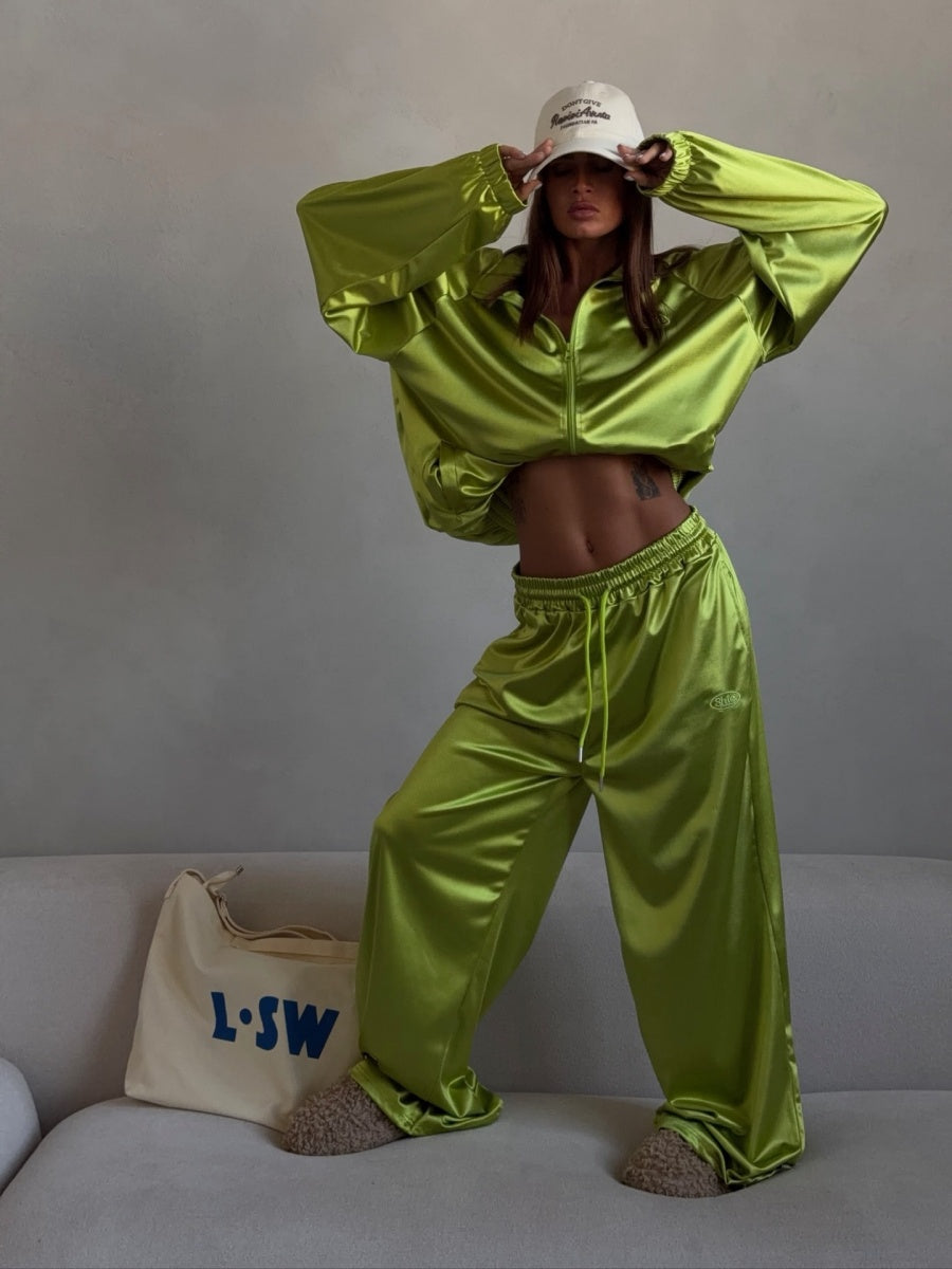 Zippered Loose Sweatshirt Jacket And Wide-Leg Pants Two-Piece Set