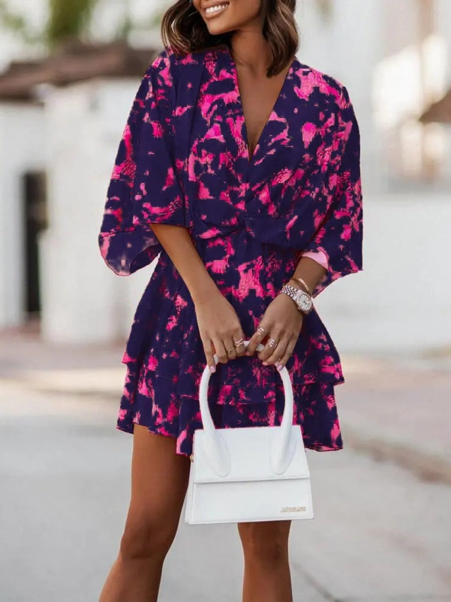 Loose-fit Batwing Sleeves Printed Commuting Mini&Short Dresses
