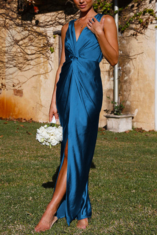 V Neck Twist Front Slit Maxi Satin Dress