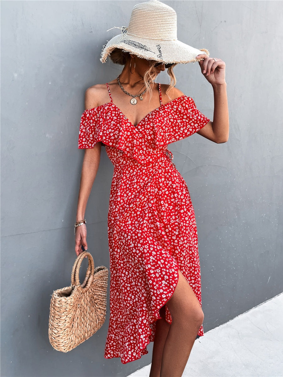 Off-the-shoulder Floral Print Sundress With Ruffles, Midi Length