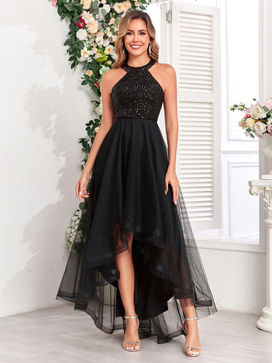 Halter Sequins Mesh Irregular Hem Formal Dress Maxi Dresses