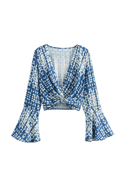 V Neck Bell Sleeves Twist Front Printed Crop Top
