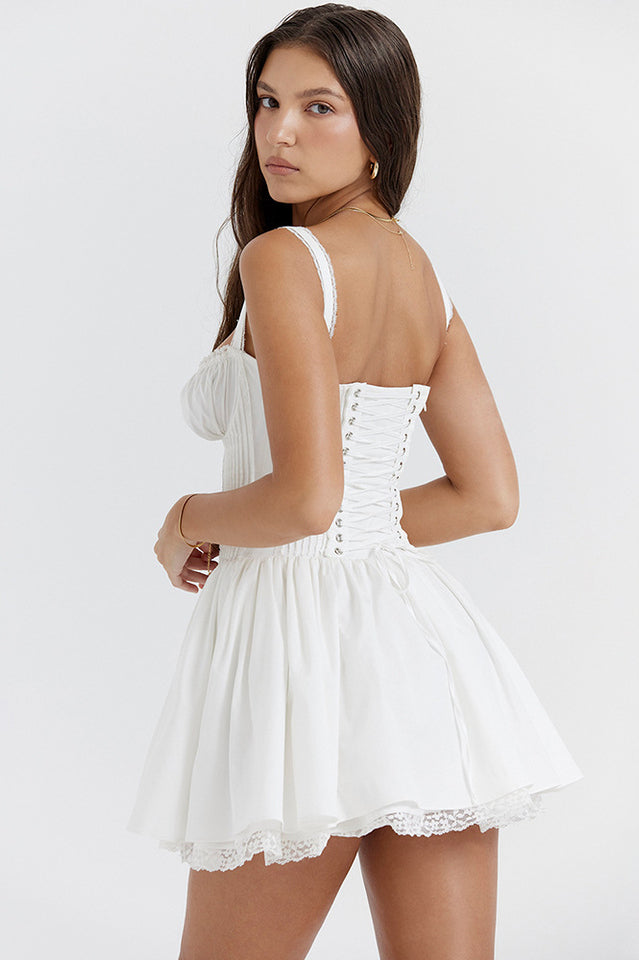 Sweetheart Lace Panel Smocked Side Corset Pleated Lace Hem Mini Dress