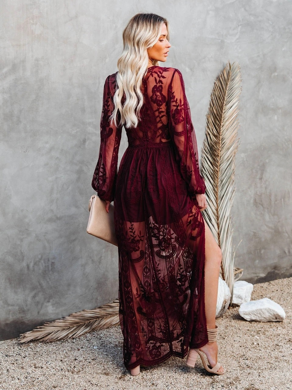 Lace Long-sleeved V-neck Solid Color Chiffon Long Dress