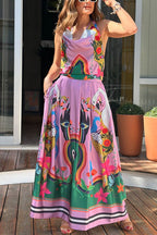 Unique Print Cowl Neck Tie Knot Backless Top and Pocketed Maxi Skirt Set