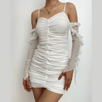 Solid ruched backless ruffle mesh mini dress