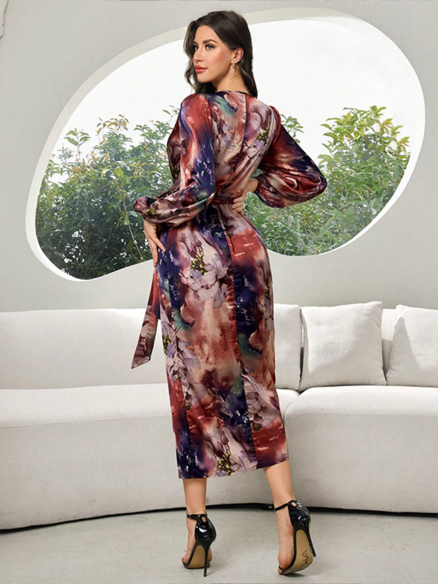 Printed V-neck Cardigan With Belt Midi Dresses